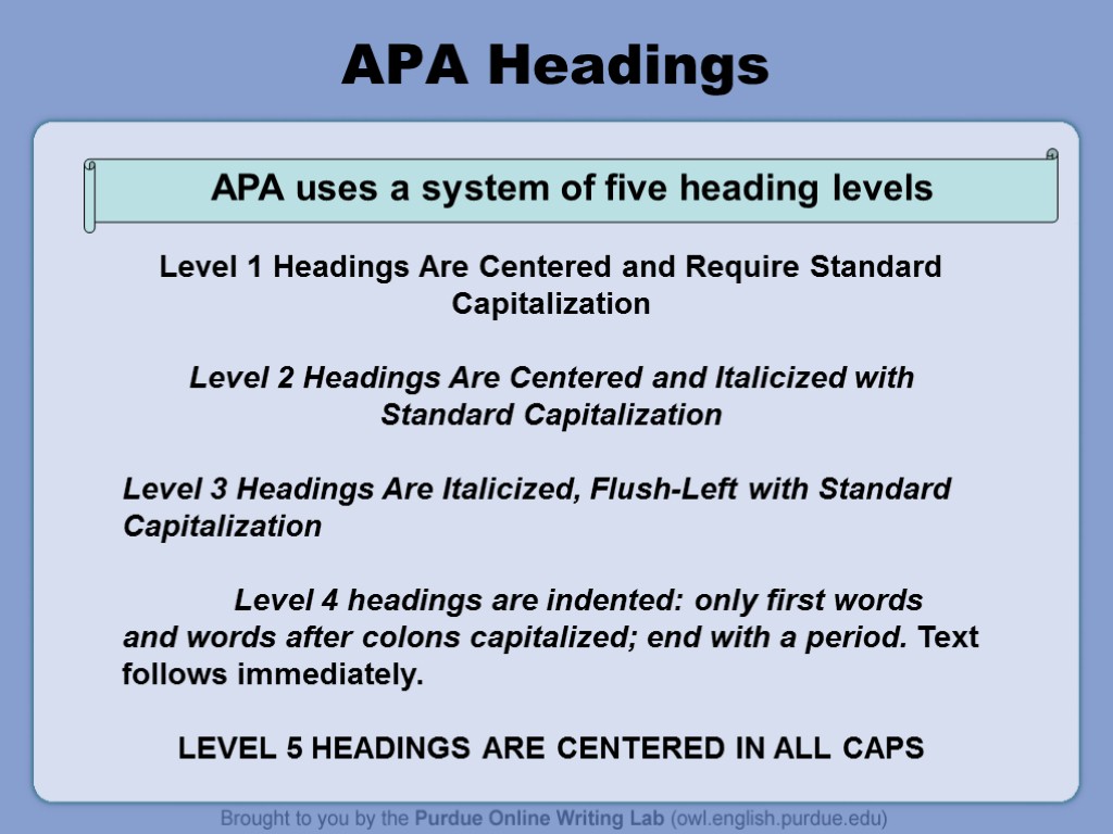 APA Headings Level 1 Headings Are Centered and Require Standard Capitalization Level 2 Headings